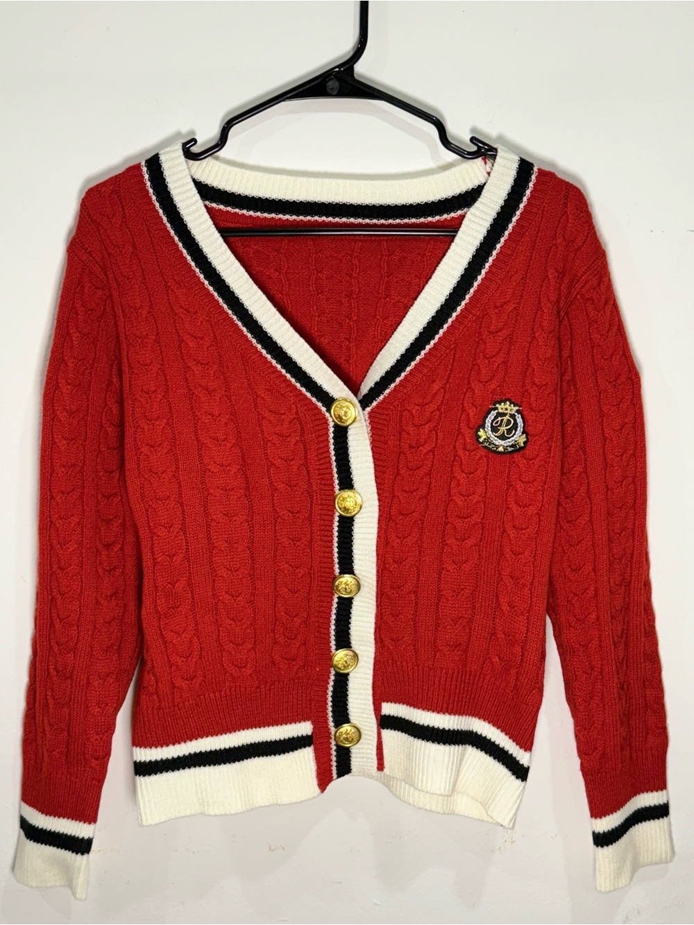 Red Cable Knit Cardigan Gold Buttons Striped Trim Preppy Crest Sweater
